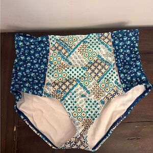 Adore Me High Waisted Bikini Bottoms Medium Blue Mosaic Print Ruched Sides